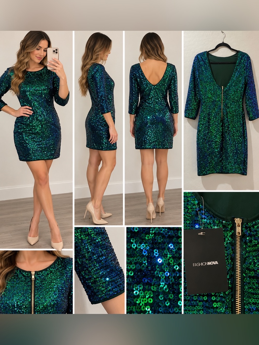 Fashion Nova Perfect Party Green Blue Sequin Bodycon Mini Dress Size Large NWT